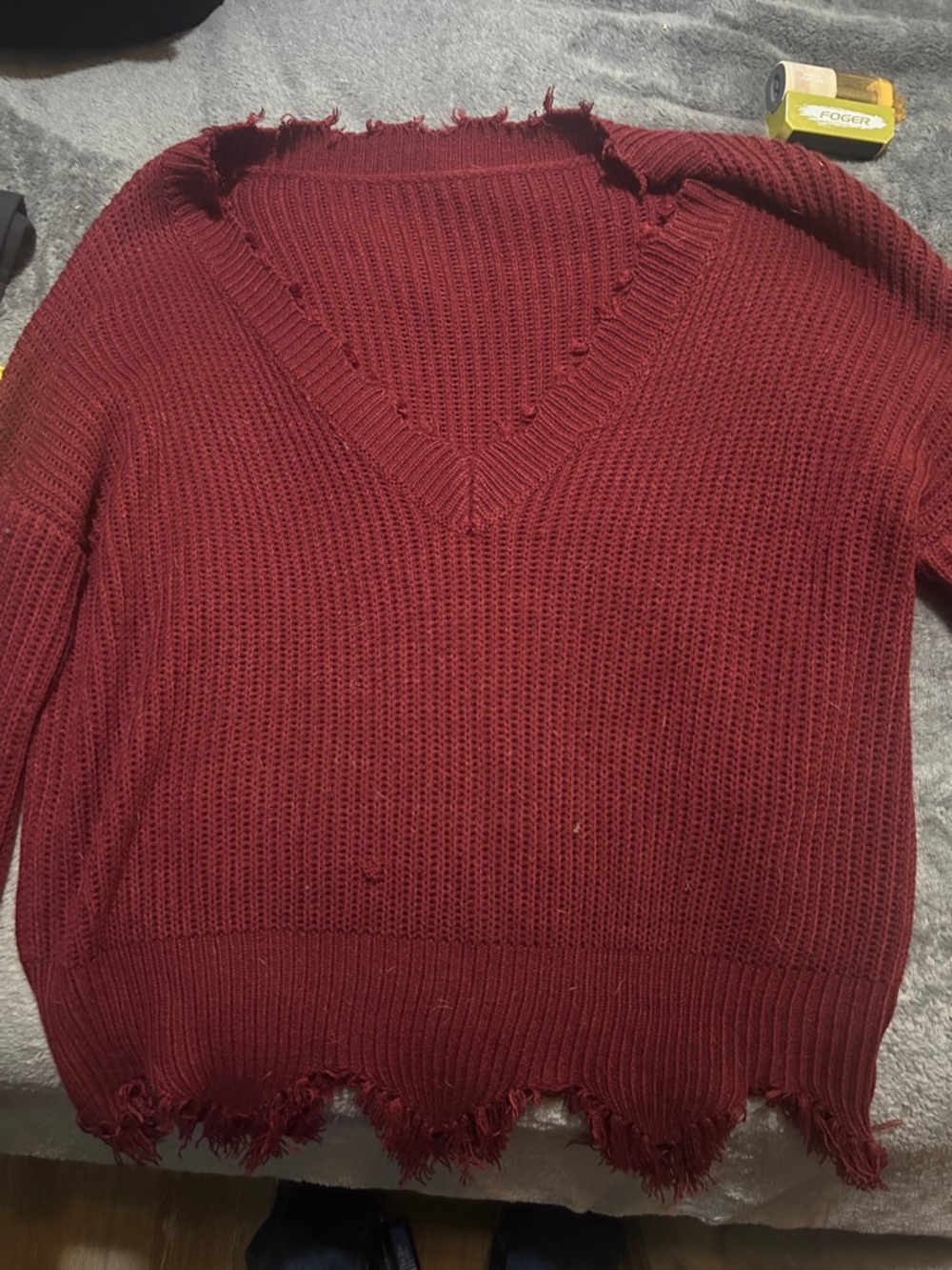 Source Unknown Distressed V-Neck Sweater in Burgundy